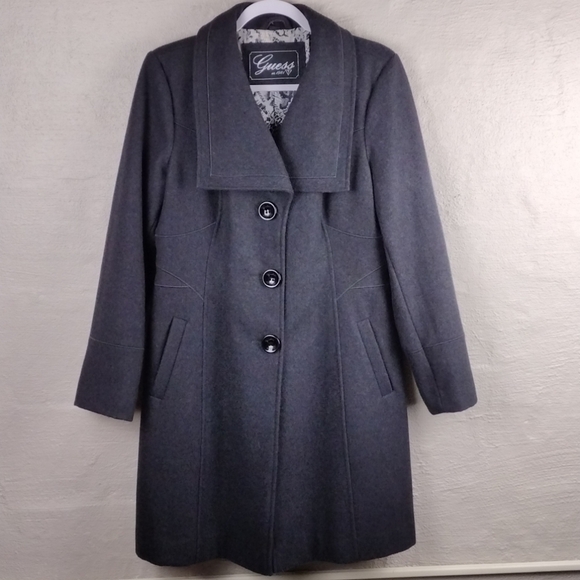 Guess Vintage Gray Wool Blend Shawl Collar Long Sleeve Mid Length Driving Coat - Picture 2 of 14